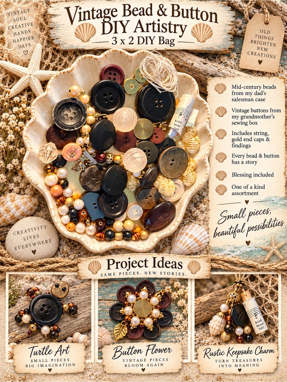 Vintage Bead & Button DIY Artistry Kit - Neutral Brown & Cream